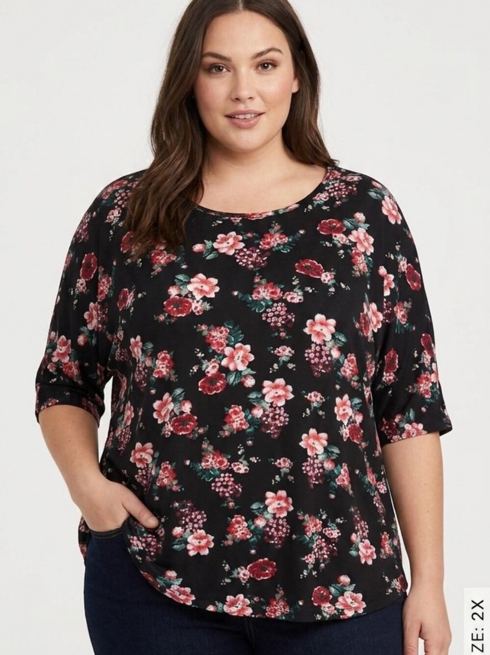 Bobbie Brooks Bohemian Black Floral Flowy Scoop-Neck Cottagecore Blouse.   WS 92